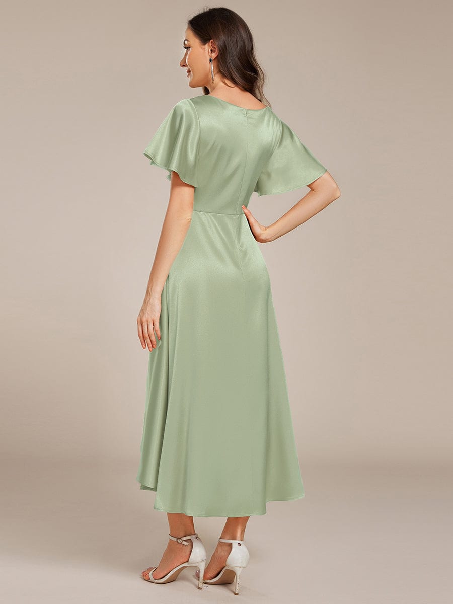 Dignified V-Neck Hi-Lo A-Line Satin Wedding Guest Dress with Pockets