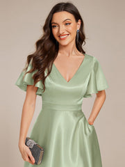 Dignified V-Neck Hi-Lo A-Line Satin Wedding Guest Dress with Pockets