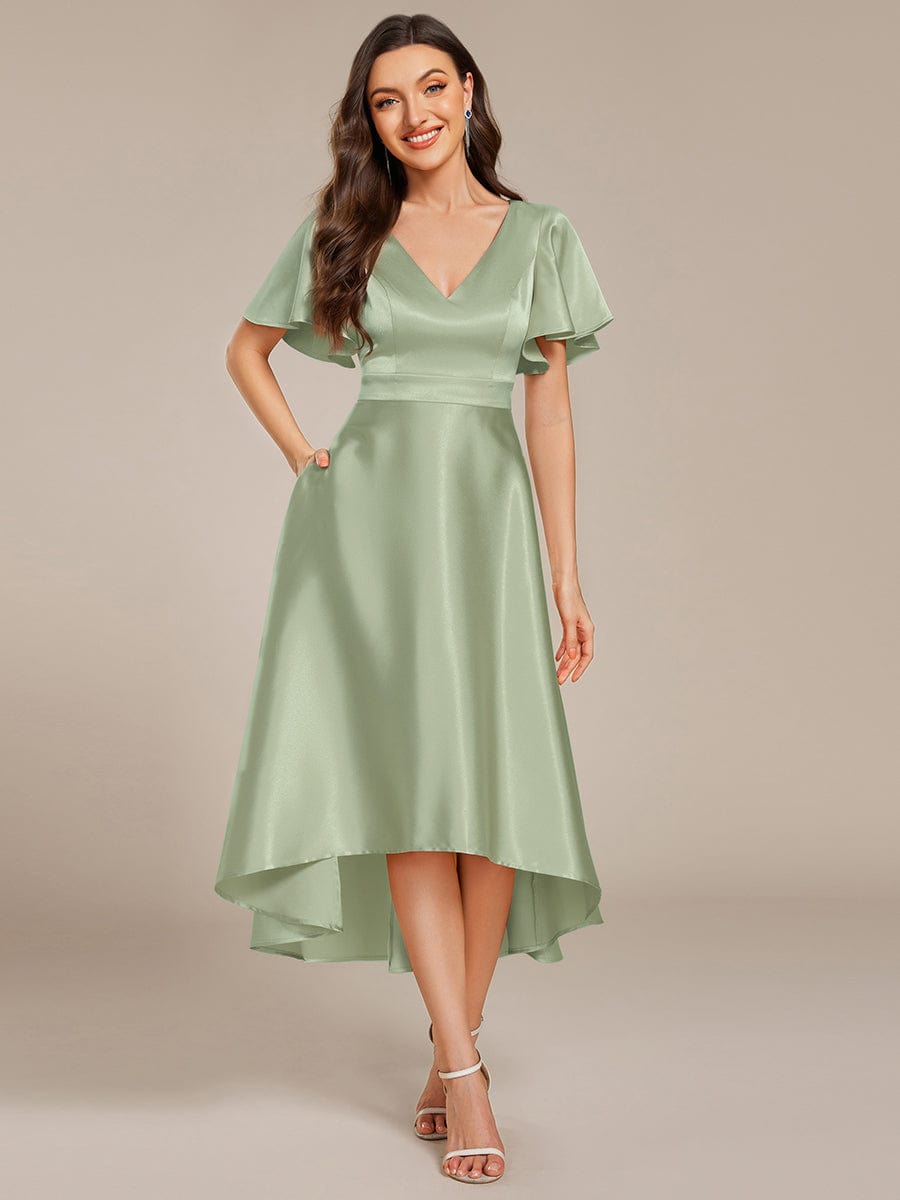 Dignified V-Neck Hi-Lo A-Line Satin Wedding Guest Dress with Pockets