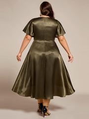 Decent Plus Size A-Line V-Neck Satin Wedding Guest Dress with Pockets