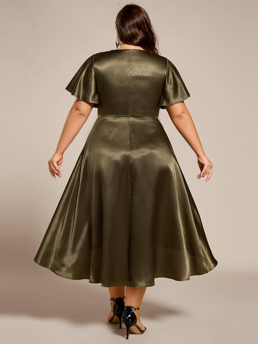 Decent Plus Size A-Line V-Neck Satin Wedding Guest Dress with Pockets