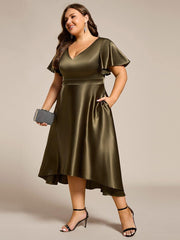 Decent Plus Size A-Line V-Neck Satin Wedding Guest Dress with Pockets