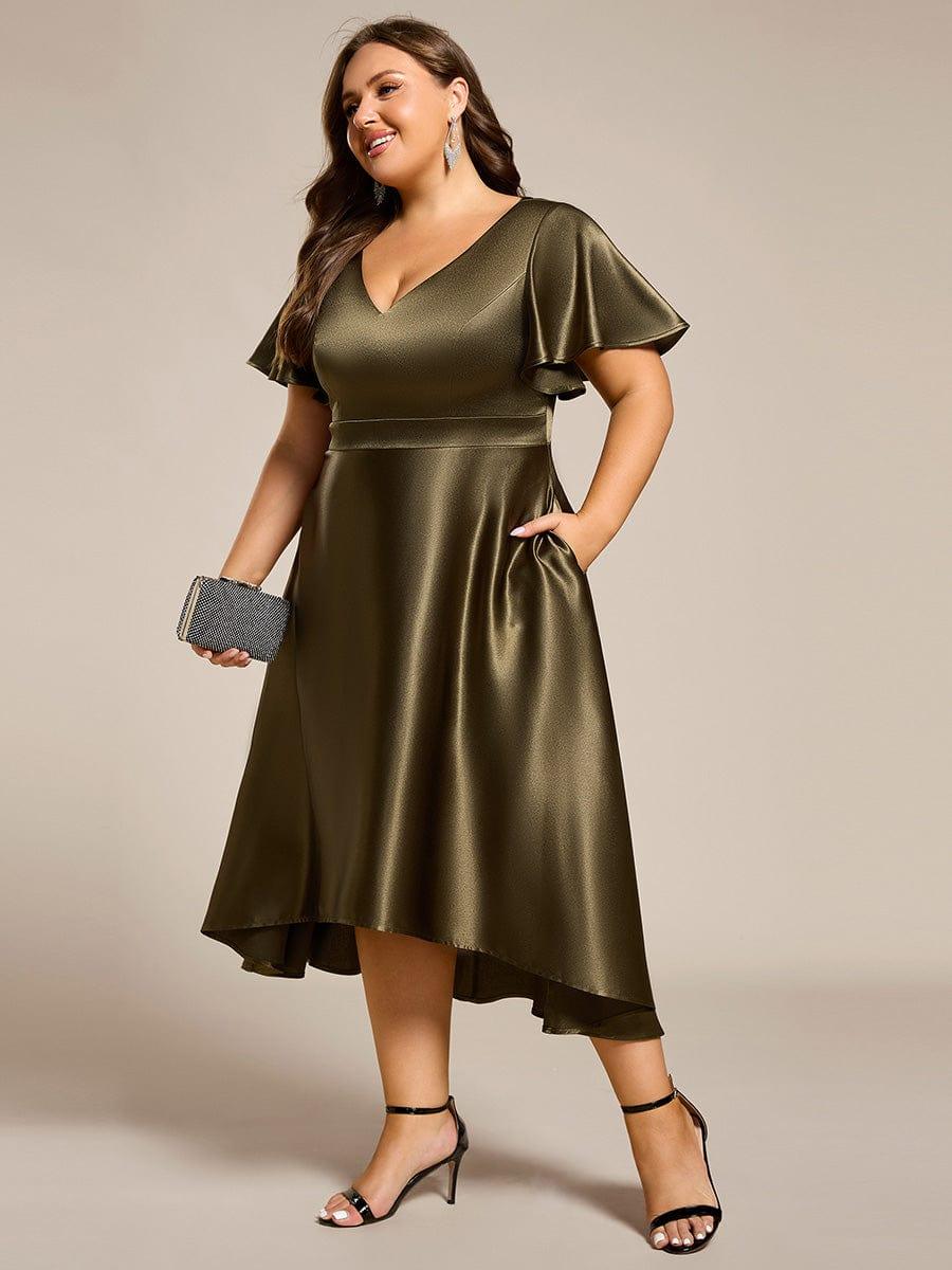 Decent Plus Size A-Line V-Neck Satin Wedding Guest Dress with Pockets