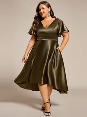 Decent Plus Size A-Line V-Neck Satin Wedding Guest Dress with Pockets