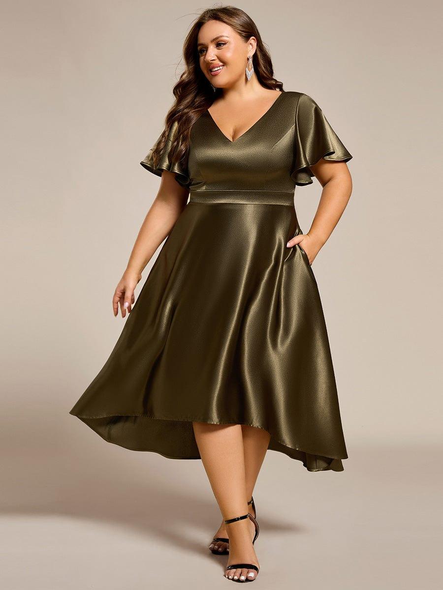 Decent Plus Size A-Line V-Neck Satin Wedding Guest Dress with Pockets