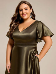 Decent Plus Size A-Line V-Neck Satin Wedding Guest Dress with Pockets