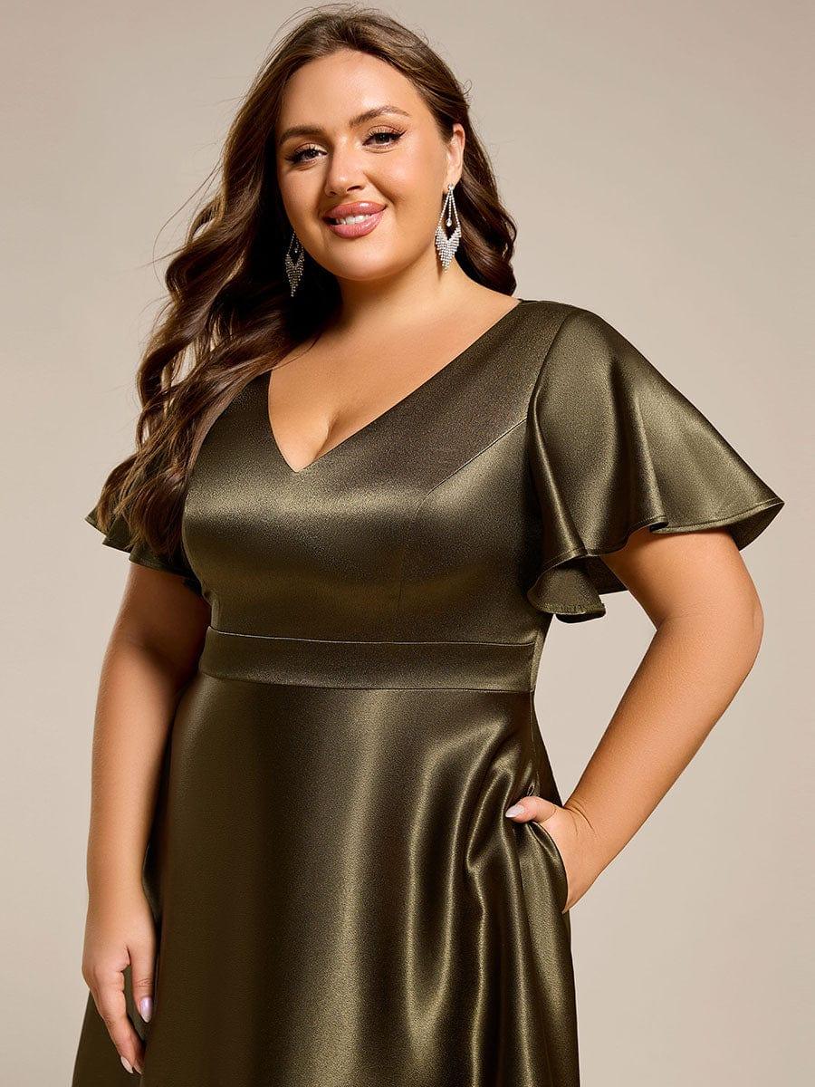 Decent Plus Size A-Line V-Neck Satin Wedding Guest Dress with Pockets