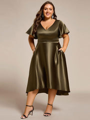 Decent Plus Size A-Line V-Neck Satin Wedding Guest Dress with Pockets