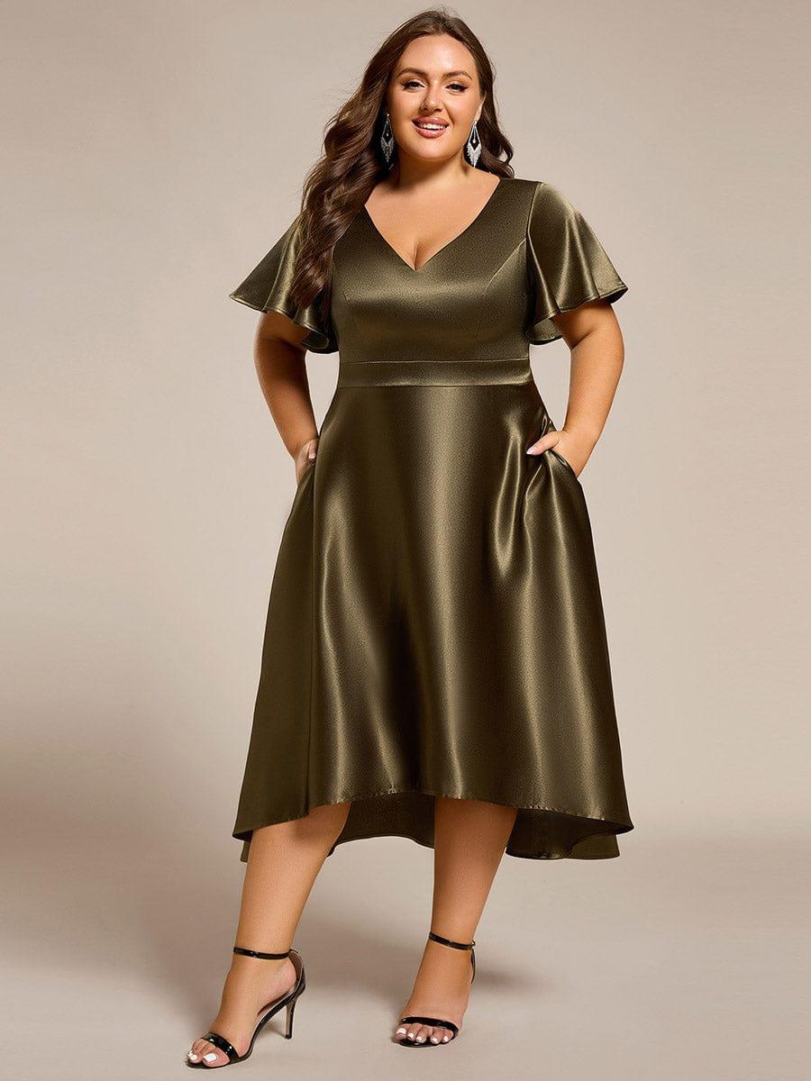 Decent Plus Size A-Line V-Neck Satin Wedding Guest Dress with Pockets