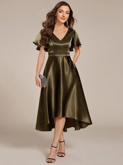 Dignified V-Neck Hi-Lo A-Line Satin Wedding Guest Dress with Pockets