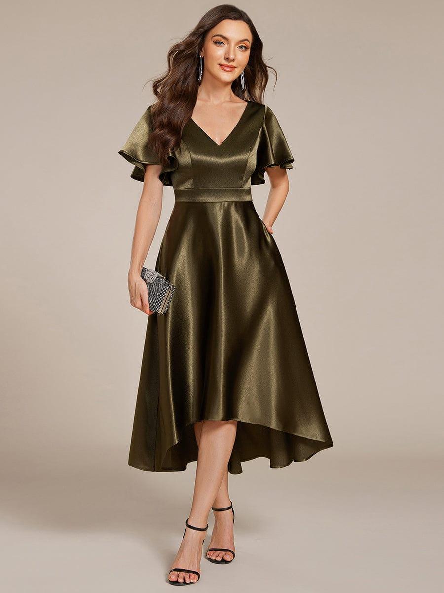 Dignified V-Neck Hi-Lo A-Line Satin Wedding Guest Dress with Pockets