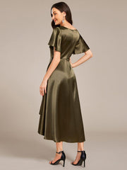 Dignified V-Neck Hi-Lo A-Line Satin Wedding Guest Dress with Pockets