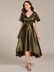 Dignified V-Neck Hi-Lo A-Line Satin Wedding Guest Dress with Pockets