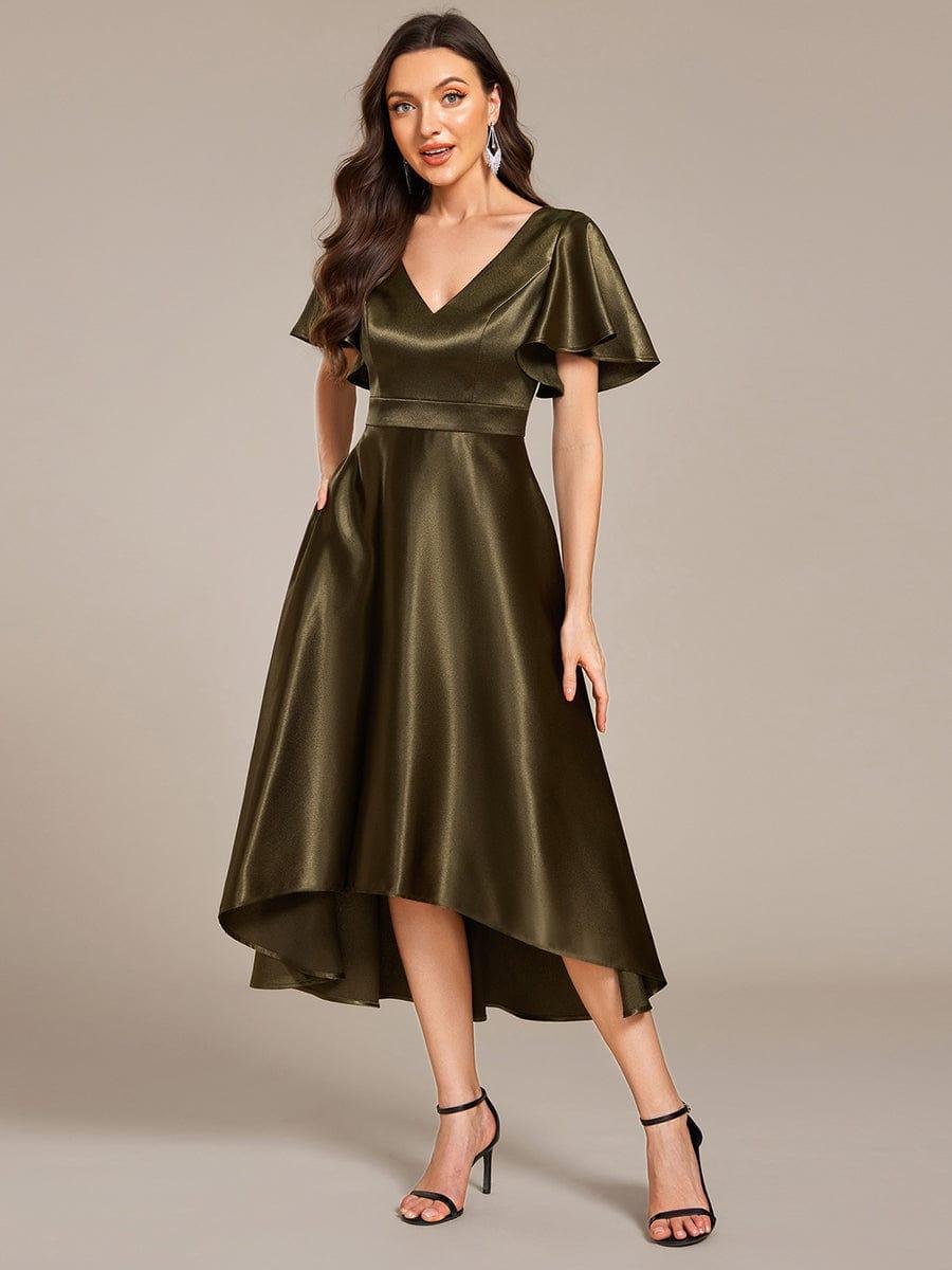 Dignified V-Neck Hi-Lo A-Line Satin Wedding Guest Dress with Pockets