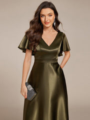 Dignified V-Neck Hi-Lo A-Line Satin Wedding Guest Dress with Pockets