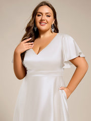 Dignified V-Neck Hi-Lo A-Line Satin Wedding Guest Dress with Pockets