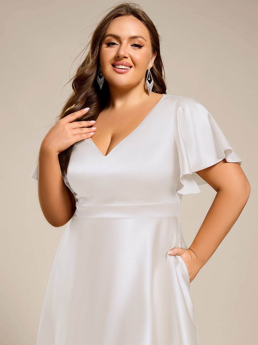 Dignified V-Neck Hi-Lo A-Line Satin Wedding Guest Dress with Pockets