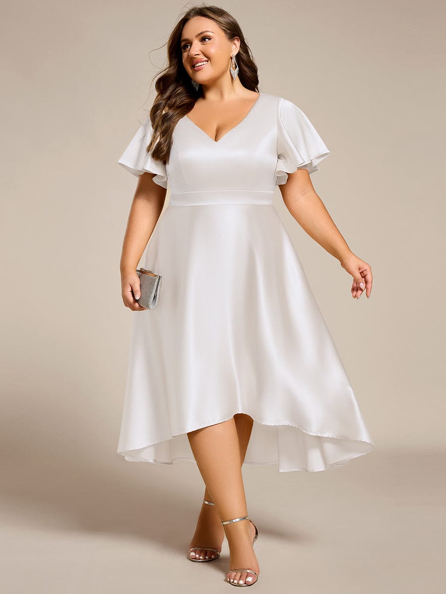 Dignified V-Neck Hi-Lo A-Line Satin Wedding Guest Dress with Pockets