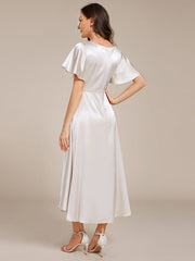 Dignified V-Neck Hi-Lo A-Line Satin Wedding Guest Dress with Pockets