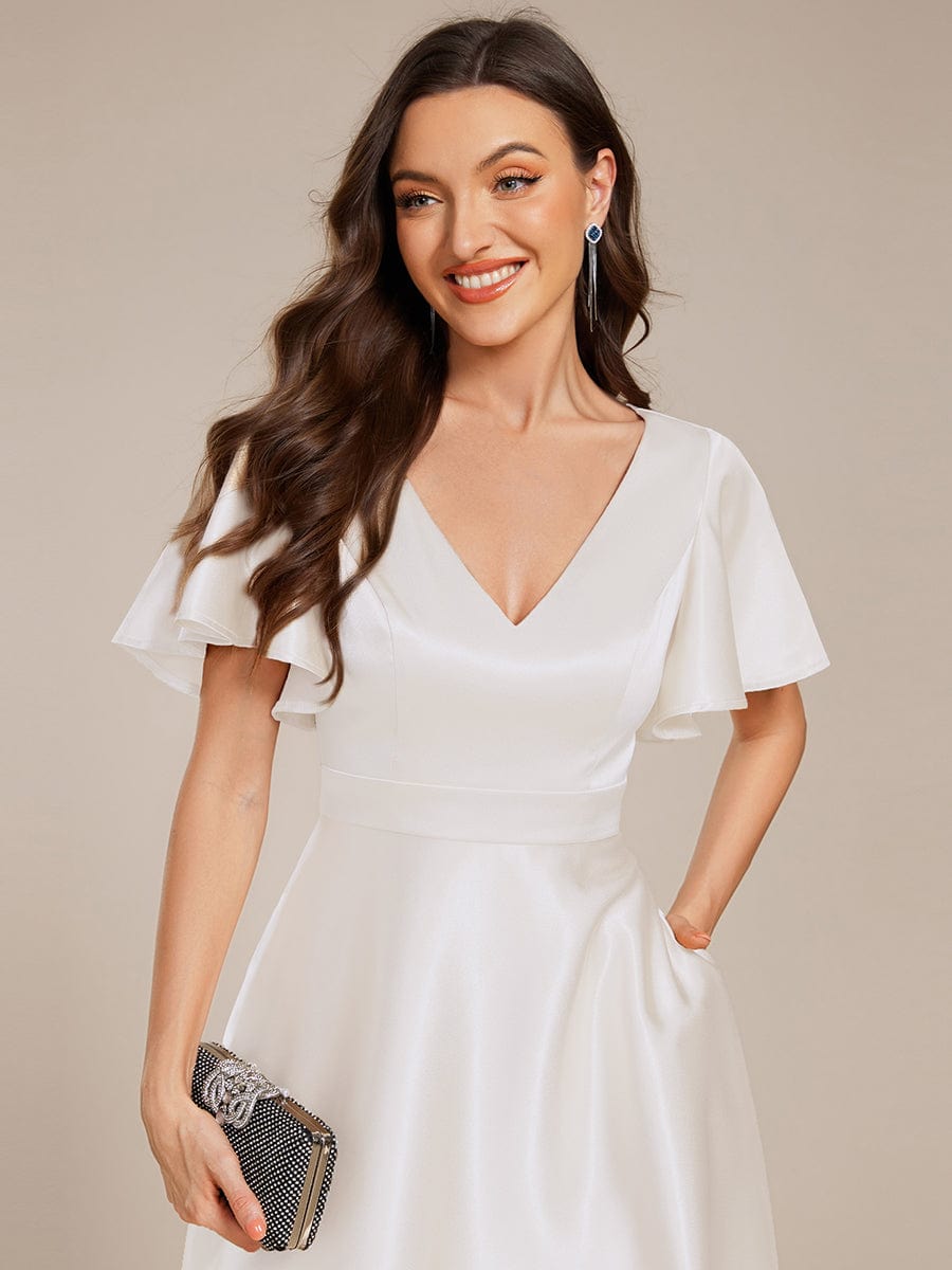 Dignified V-Neck Hi-Lo A-Line Satin Wedding Guest Dress with Pockets
