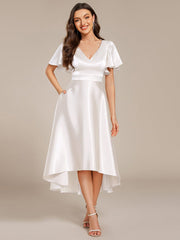 Dignified V-Neck Hi-Lo A-Line Satin Wedding Guest Dress with Pockets