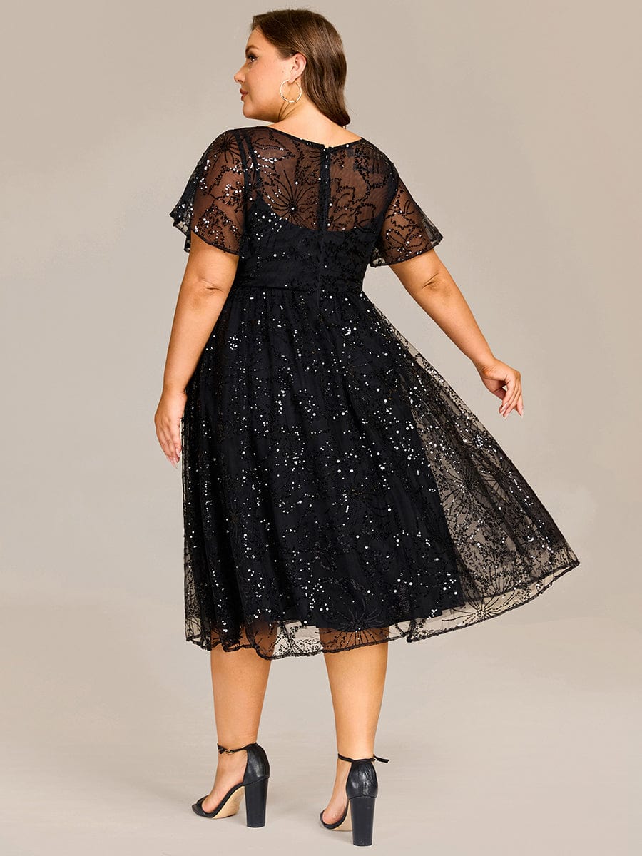 Gentle Plus Size Sequin A-Line Wedding Guest Dress with Short Sleeves