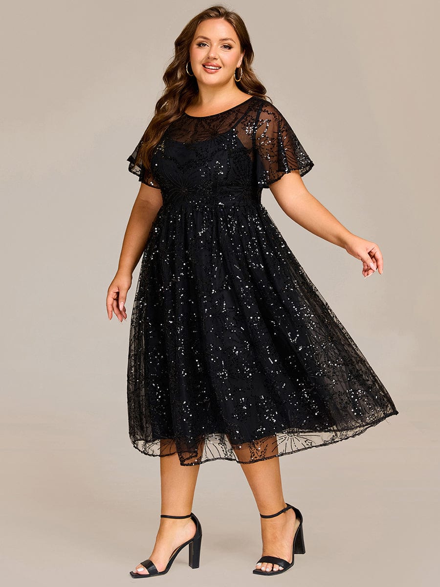 Gentle Plus Size Sequin A-Line Wedding Guest Dress with Short Sleeves