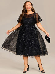 Gentle Plus Size Sequin A-Line Wedding Guest Dress with Short Sleeves