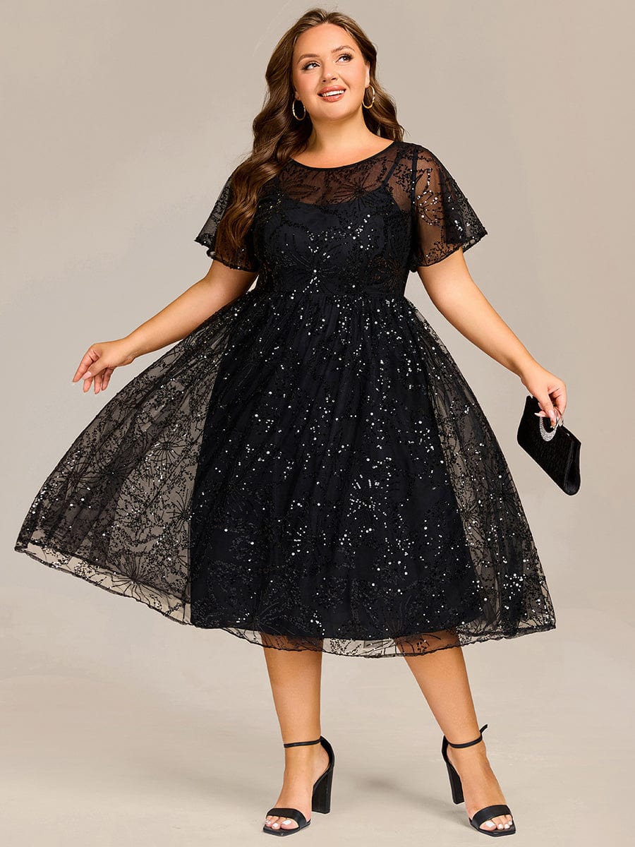 Gentle Plus Size Sequin A-Line Wedding Guest Dress with Short Sleeves