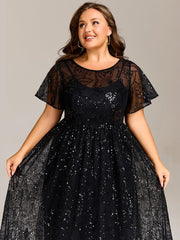 Gentle Plus Size Sequin A-Line Wedding Guest Dress with Short Sleeves