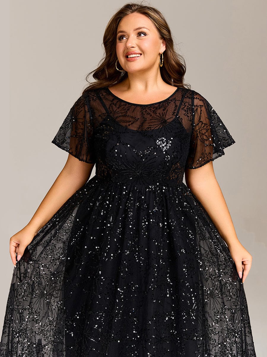 Gentle Plus Size Sequin A-Line Wedding Guest Dress with Short Sleeves