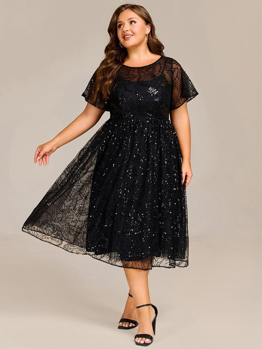 Gentle Plus Size Sequin A-Line Wedding Guest Dress with Short Sleeves