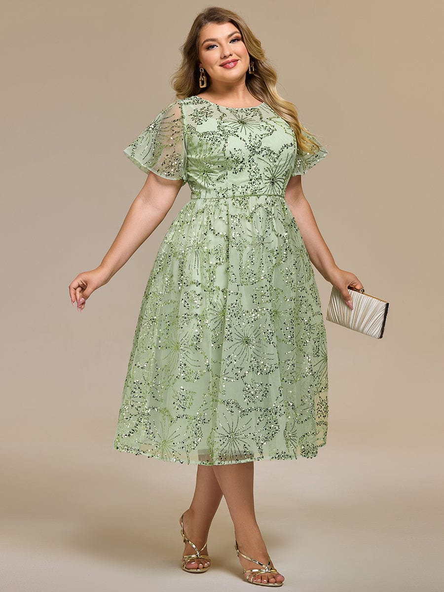 Gentle Plus Size Sequin A-Line Wedding Guest Dress with Short Sleeves