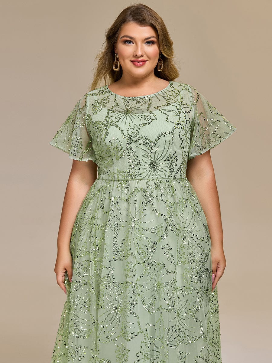 Gentle Plus Size Sequin A-Line Wedding Guest Dress with Short Sleeves