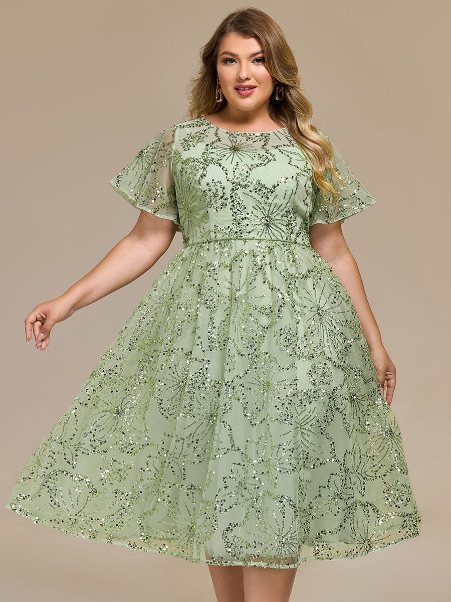 Gentle Plus Size Sequin A-Line Wedding Guest Dress with Short Sleeves