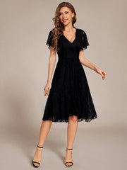 Delicate A-Line Short Sleeves V-Neck Wedding Guest Dress