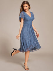 Delicate A-Line Short Sleeves V-Neck Wedding Guest Dress