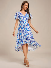 Special Short Sleeves V-Neck A-Line Print Floral Wedding Guest Dress