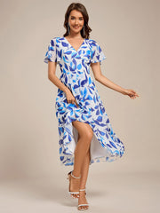 Special Short Sleeves V-Neck A-Line Print Floral Wedding Guest Dress