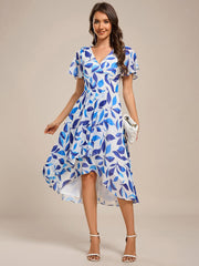 Special Short Sleeves V-Neck A-Line Print Floral Wedding Guest Dress