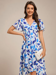 Special Short Sleeves V-Neck A-Line Print Floral Wedding Guest Dress