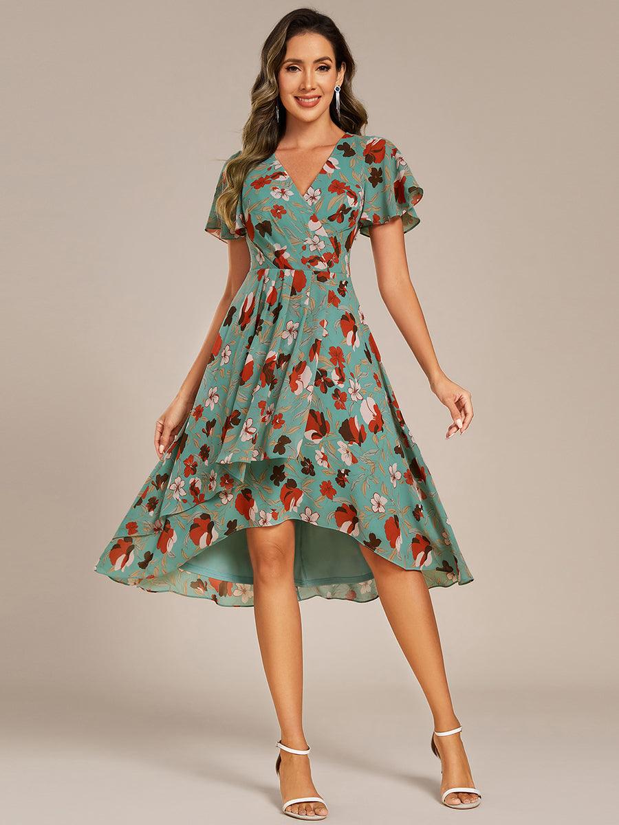 Special Short Sleeves V-Neck A-Line Print Floral Wedding Guest Dress
