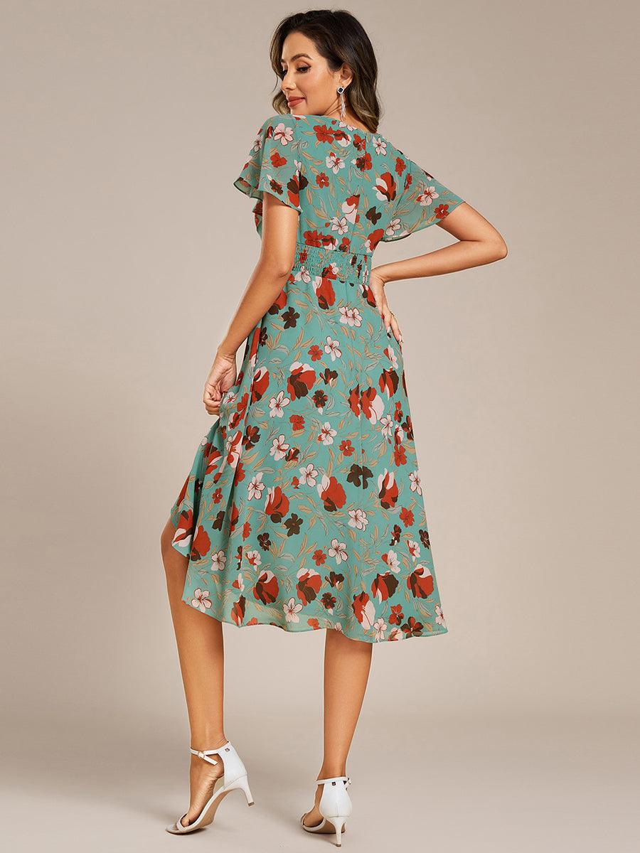 Special Short Sleeves V-Neck A-Line Print Floral Wedding Guest Dress