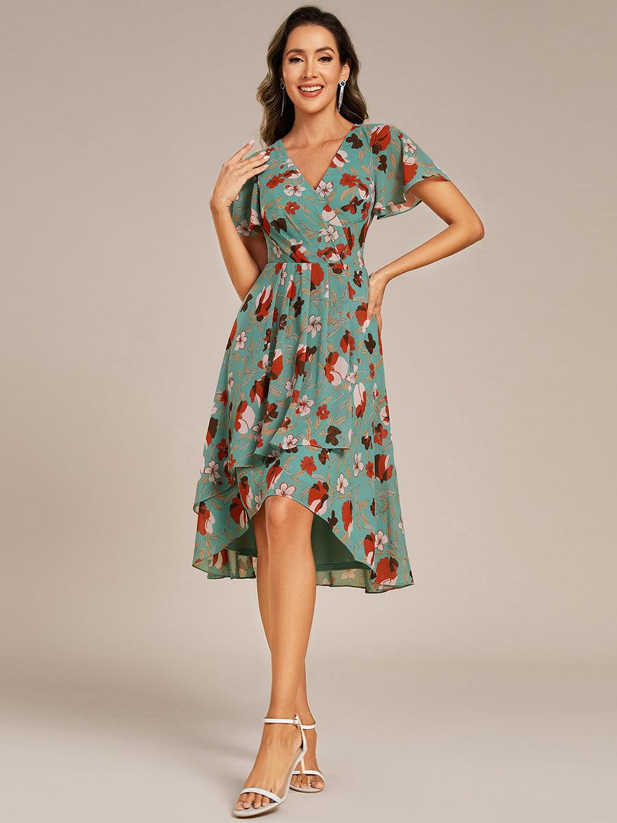 Special Short Sleeves V-Neck A-Line Print Floral Wedding Guest Dress