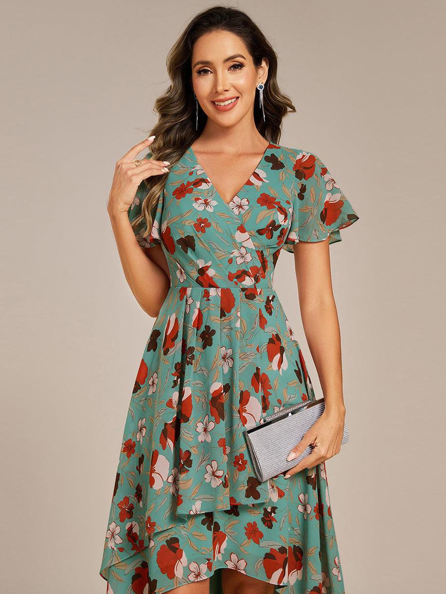 Special Short Sleeves V-Neck A-Line Print Floral Wedding Guest Dress