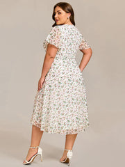 Special Short Sleeves V-Neck A-Line Print Floral Wedding Guest Dress