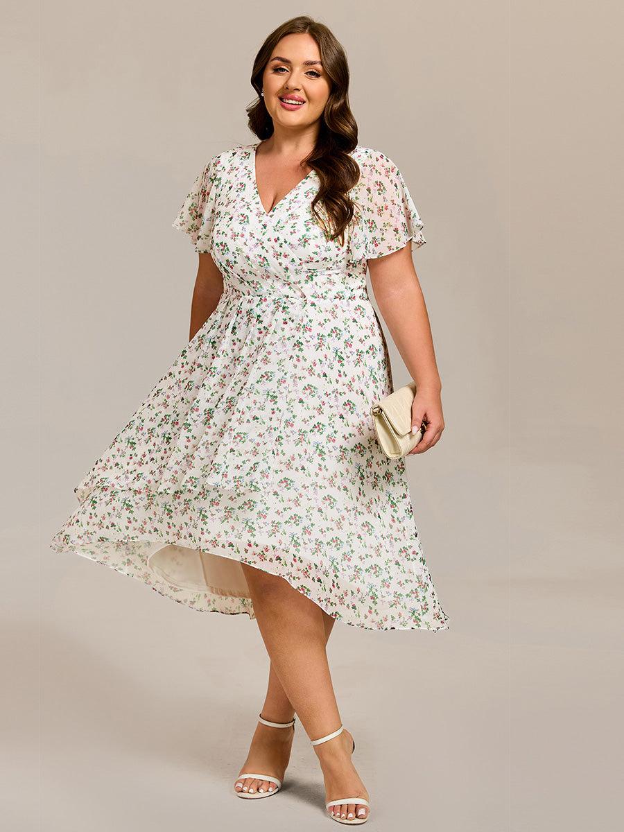 Special Short Sleeves V-Neck A-Line Print Floral Wedding Guest Dress