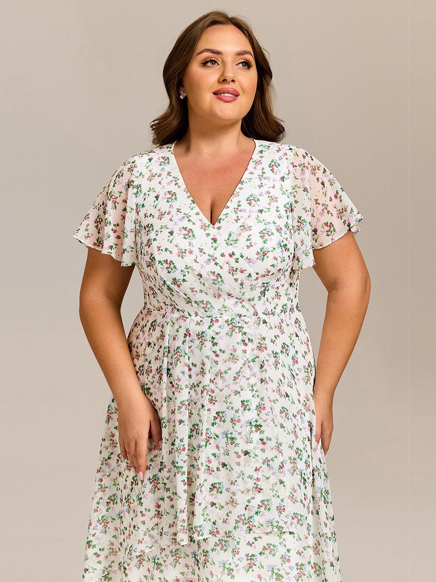 Special Short Sleeves V-Neck A-Line Print Floral Wedding Guest Dress