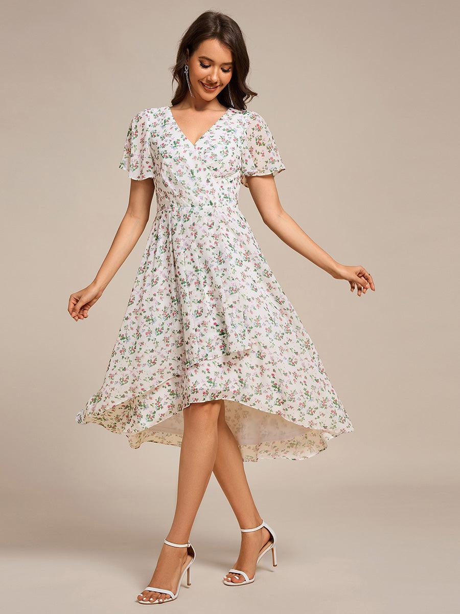 Special Short Sleeves V-Neck A-Line Print Floral Wedding Guest Dress