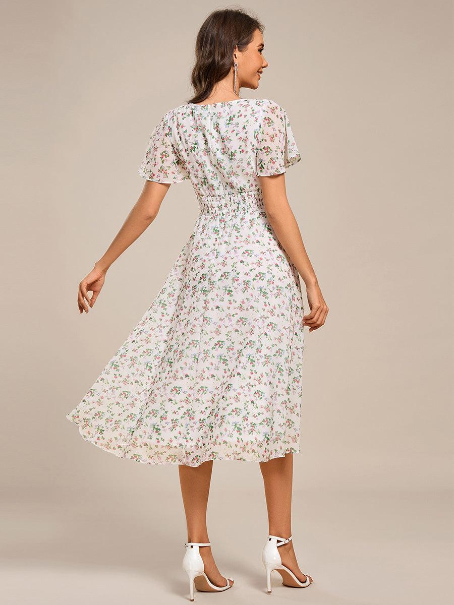 Special Short Sleeves V-Neck A-Line Print Floral Wedding Guest Dress
